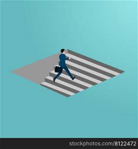 Ambitious concept with businessman climbing stairs. symbol of business growth. achieve, success, leadership, flat vector illustration