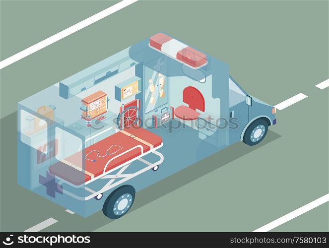 Ambulance automibile isometric background with special medical equipment vector illustration