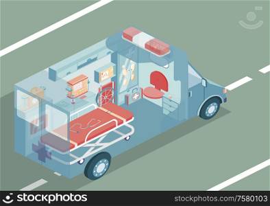 Ambulance automibile isometric background with special medical equipment vector illustration