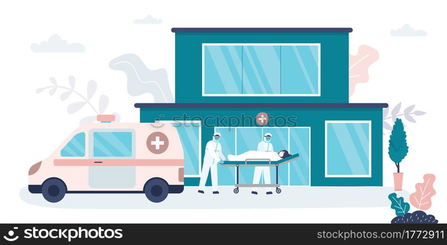 Ambulance brought coronavirus patient to hospital. Doctors in special protective uniform. Medical services concept. Clinic building on background. Covid-19 pandemic. Trendy flat vector illustration. Ambulance brought coronavirus patient to hospital. Doctors in special protective uniform. Medical services concept.