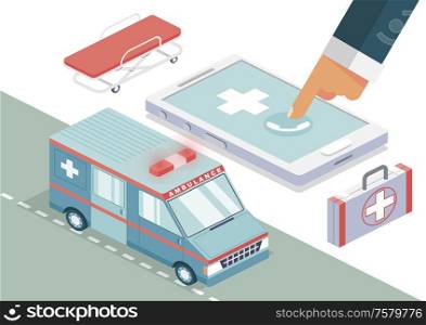 Ambulance call isometric background with smartphone and hand vector illustration