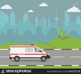 Ambulance car. City landscape with skyscrapers.Hospital transport medical care clinic.Urgency and emergency service vehicle.Vector in flat style.The van with signal lights