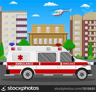 Ambulance car. Emergency vehicle and helicopter. Hospital transport. Healthcare, hospital and medical diagnostics. Urgency and emergency services. Vector illustration in flat style. Ambulance car. Emergency vehicle.