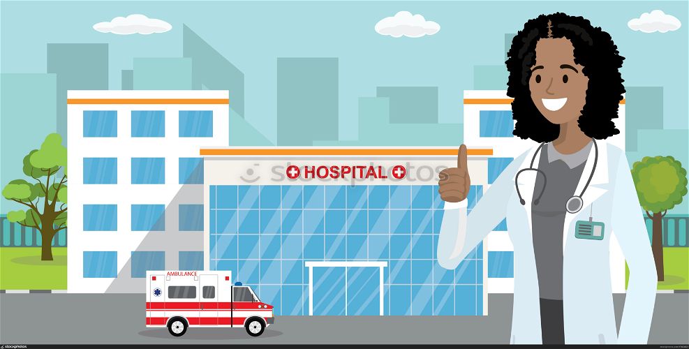 Ambulance car,hospital or clinic building and african american female doctor,flat vector illustration. Ambulance car,hospital or clinic building and african american f