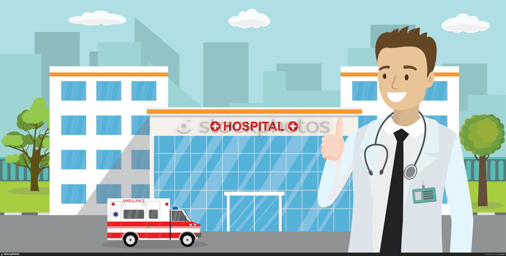 Ambulance car,hospital or clinic building and caucasian male doctor,flat vector illustration. Ambulance car,hospital or clinic building and caucasian male doc