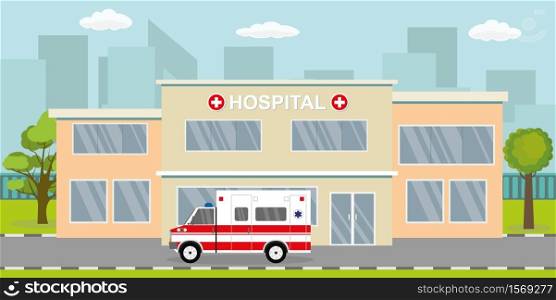 Ambulance car,hospital or clinic building,flat vector illustration. Ambulance car,hospital or clinic building