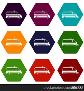 Ambulance car icon set many color hexahedron isolated on white vector illustration. Ambulance car icon set color hexahedron
