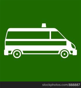 Ambulance car icon white isolated on green background. Vector illustration. Ambulance car icon green
