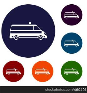 Ambulance car icons set in flat circle reb, blue and green color for web. Ambulance car icons set