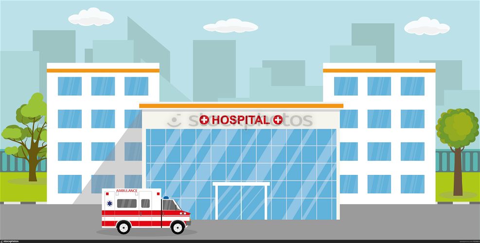 Ambulance car,modern hospital or clinic building,flat vector illustration.. Ambulance car,hospital or clinic building.