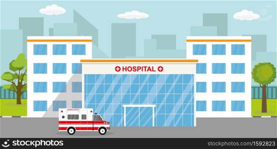 Ambulance car,modern hospital or clinic building,flat vector illustration.. Ambulance car,hospital or clinic building.