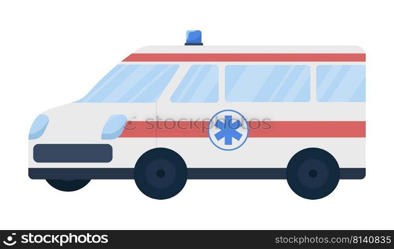 Ambulance car semi flat color vector object. Emergency medical help. Editable figure. Full sized item on white. Simple cartoon style illustration for web graphic design and animation. Ambulance car semi flat color vector object