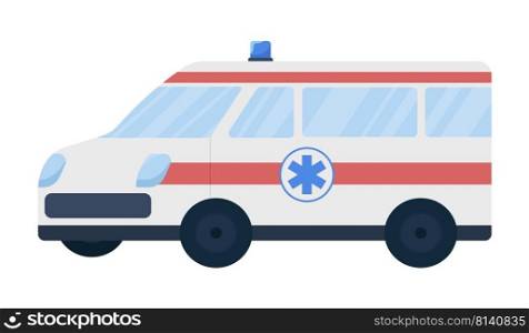 Ambulance car semi flat color vector object. Emergency medical help. Editable figure. Full sized item on white. Simple cartoon style illustration for web graphic design and animation. Ambulance car semi flat color vector object