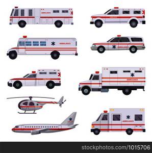 Ambulance cars. Health rescue service vehicle van helicopter paramedic emergency hospital urgent auto 911 vector cartoon pictures. Illustration of ambulance medical transportation, helicopter and van. Ambulance cars. Health rescue service vehicle van helicopter paramedic emergency hospital urgent auto 911 vector cartoon pictures