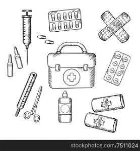 Ambulance concept with a sketch icons of a first aid kit, plasters, medication, forceps, syringe and tablets. For medicine and healthcare theme design. Ambulance and medical sketch icons
