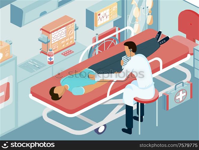 Ambulance doctor isometric background with medical equipment for treatment vector illustration