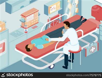 Ambulance doctor isometric background with medical equipment for treatment vector illustration