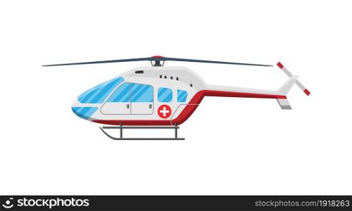 Ambulance helicopter. Red medical evacuation helicopter. Healthcare, hospital and medical diagnostics. Urgency and emergency services. Vector illustration in flat style. red Ambulance helicopter .
