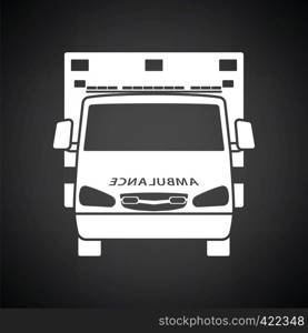 Ambulance icon front view. Black background with white. Vector illustration.