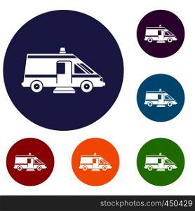 Ambulance icons set in flat circle reb, blue and green color for web. Ambulance icons set