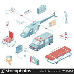 Ambulance isometric set with helicopter and special equipment isolated vector illustration