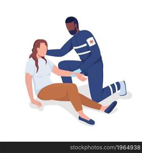 Ambulance professional providing treatment semi flat color vector characters. Full body people on white. Emergency care isolated modern cartoon style illustration for graphic design and animation. Ambulance professional providing treatment semi flat color vector characters