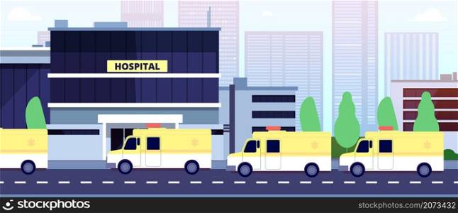 Ambulance queue at hospital building. Paramedics or reanimation, healthcare in pandemic time vector illustration. Ambulance hospital queue, medical care service emergency. Ambulance queue at hospital building. Paramedics or reanimation, healthcare in pandemic time vector illustration