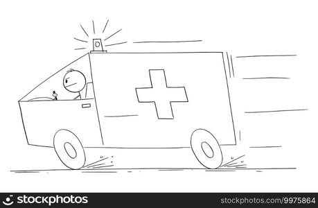 Ambulance responding to emergency, vector cartoon stick figure or character illustration.. Ambulance Responding to Emergency, Vector Cartoon Stick Figure Illustration