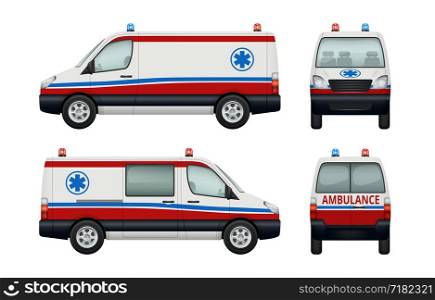 Ambulance service cars. Various views of ambulance. Vector car ambulance, vehicle transport emergency illustration. Ambulance service cars. Various views of ambulance