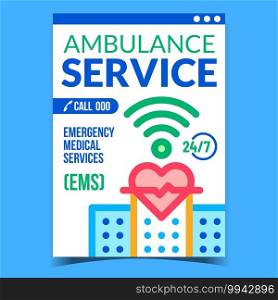 Ambulance Service Creative Promotion Banner Vector. Wifi Internet Connection, Cardio Examining Emergency Medical Service Advertising Poster. Concept Template Style Color Illustration. Ambulance Service Creative Promotion Banner Vector