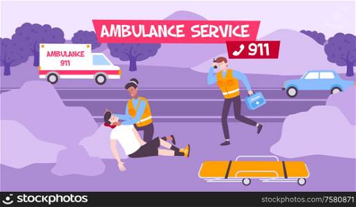 Ambulance service vector illustration with team of doctors provided first aid to patient outdoor