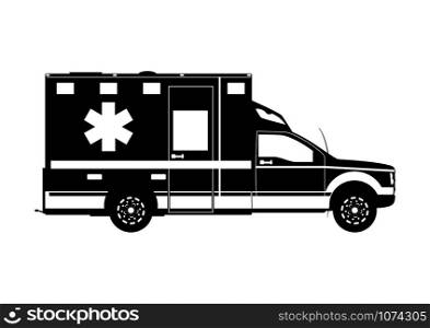 Ambulance silhouette. Side view of an ambulance. Flat vector.