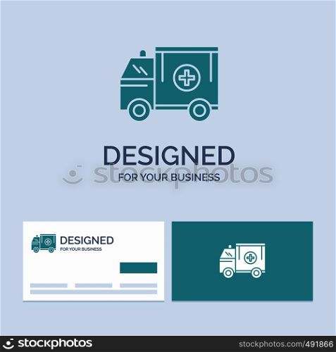 ambulance, truck, medical, help, van Business Logo Glyph Icon Symbol for your business. Turquoise Business Cards with Brand logo template.. Vector EPS10 Abstract Template background