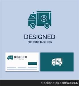 ambulance, truck, medical, help, van Business Logo Glyph Icon Symbol for your business. Turquoise Business Cards with Brand logo template.. Vector EPS10 Abstract Template background