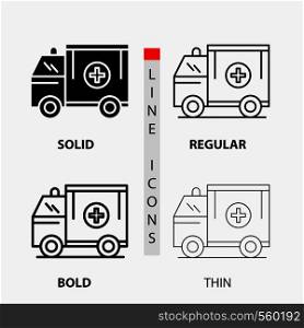 ambulance, truck, medical, help, van Icon in Thin, Regular, Bold Line and Glyph Style. Vector illustration. Vector EPS10 Abstract Template background