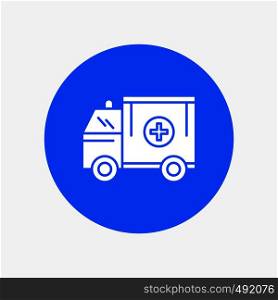 ambulance, truck, medical, help, van White Glyph Icon in Circle. Vector Button illustration. Vector EPS10 Abstract Template background