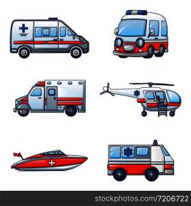Ambulance urban transport icons set. Cartoon illustration of 6 ambulance urban transport vector icons for web. Ambulance transport icons set, cartoon style