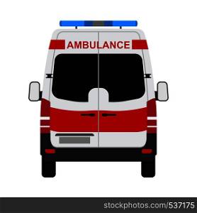 Ambulance van flat vector back view. Help emergency auto red transportation rescue