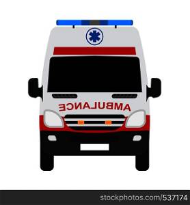 Ambulance van flat vector front view. Help emergency auto red transportation rescue