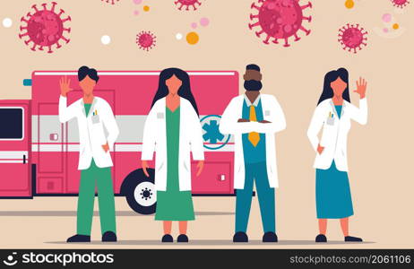 Ambulance van patient health alert. Coronavirus crisis doctor emergency rescue aid. Hospital help protection pandemic. Vector illustration healthcare covid mobile vehicle service car clinic