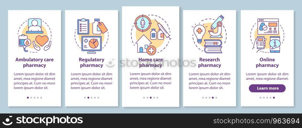 Ambulatory and home care pharmacy onboarding mobile app page screen with linear concepts. Drug research. Five walkthrough steps graphic instructions. UX, UI, GUI vector template with illustrations