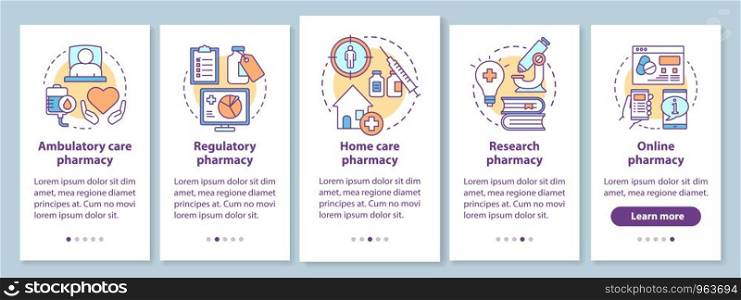 Ambulatory and home care pharmacy onboarding mobile app page screen with linear concepts. Drug research. Five walkthrough steps graphic instructions. UX, UI, GUI vector template with illustrations