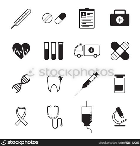 Ambulatory healthcare medical icons set with heart rate symbol and blood test abstract black isolated vector illustration. Medicine icons set black