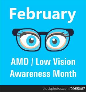 AMD, Low vision awareness month event is celebrated in February. Medical ophthalmologist eyesight check up concept vector. Eyeglasses are shown.. AMD, Low vision awareness month event is celebrated in February. Medical ophthalmologist eyesight check up concept vector.