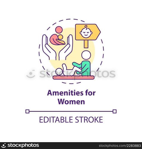Amenities for women concept icon. Comfortable city design for mothers with babies abstract idea thin line illustration. Isolated outline drawing. Editable stroke. Arial, Myriad Pro-Bold fonts used. Amenities for women concept icon