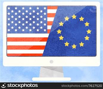 America and European Union flags on monitor, international business vector. United States and Europe cooperation and interaction, entrepreneurship. US and Europe business economic war. International Business, America and European Union