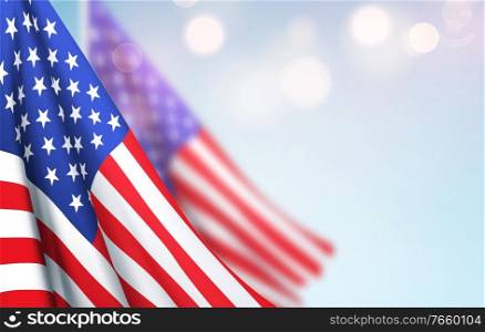 America flag waving against a clear blue sky. Design Concept for National American Holidays. Patriot Day, Independence Day, Veteran Day. Vector illustration EPS10. America flag waving against a clear blue sky. Design Concept for National American Holidays. Patriot Day, Independence Day, Veteran Day. Vector illustration