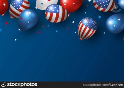 America holiday banner design of USA balloons on blue background with copy space vector illustration
