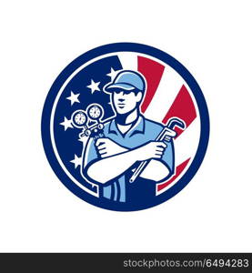 American Air-Con Serviceman USA Flag Icon. Icon retro style illustration of an American air conditioning or air-con serviceman holding manifold gauge with United States of America USA star spangled banner inside circle isolated background.. American Air-Con Serviceman USA Flag Icon