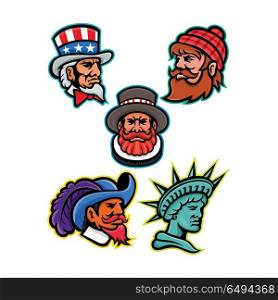 American and British Mascots Collection. Mascot icon illustration set of heads of American and British mascots such as Uncle Sam, Paul Bunyan lumberjack, Beefeater or Yeoman, Cavalier or Musketeer and Lady Liberty or Libertas on isolated background in retro style.. American and British Mascots Collection